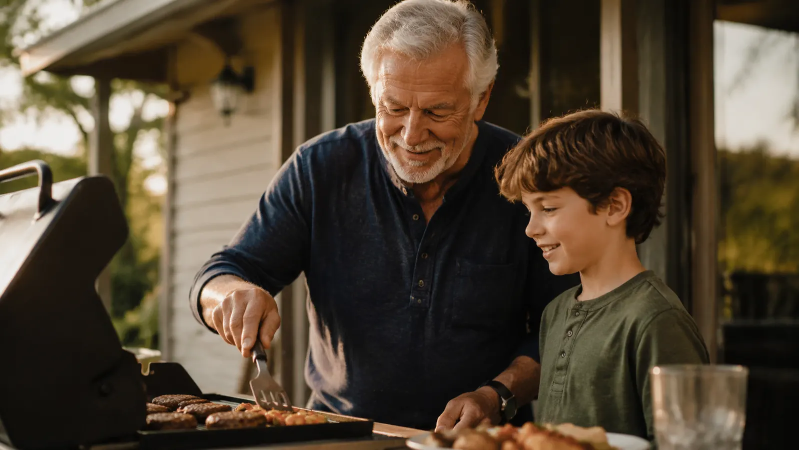 Grandfather and grandson standing at a grill together on a sunny afternoon