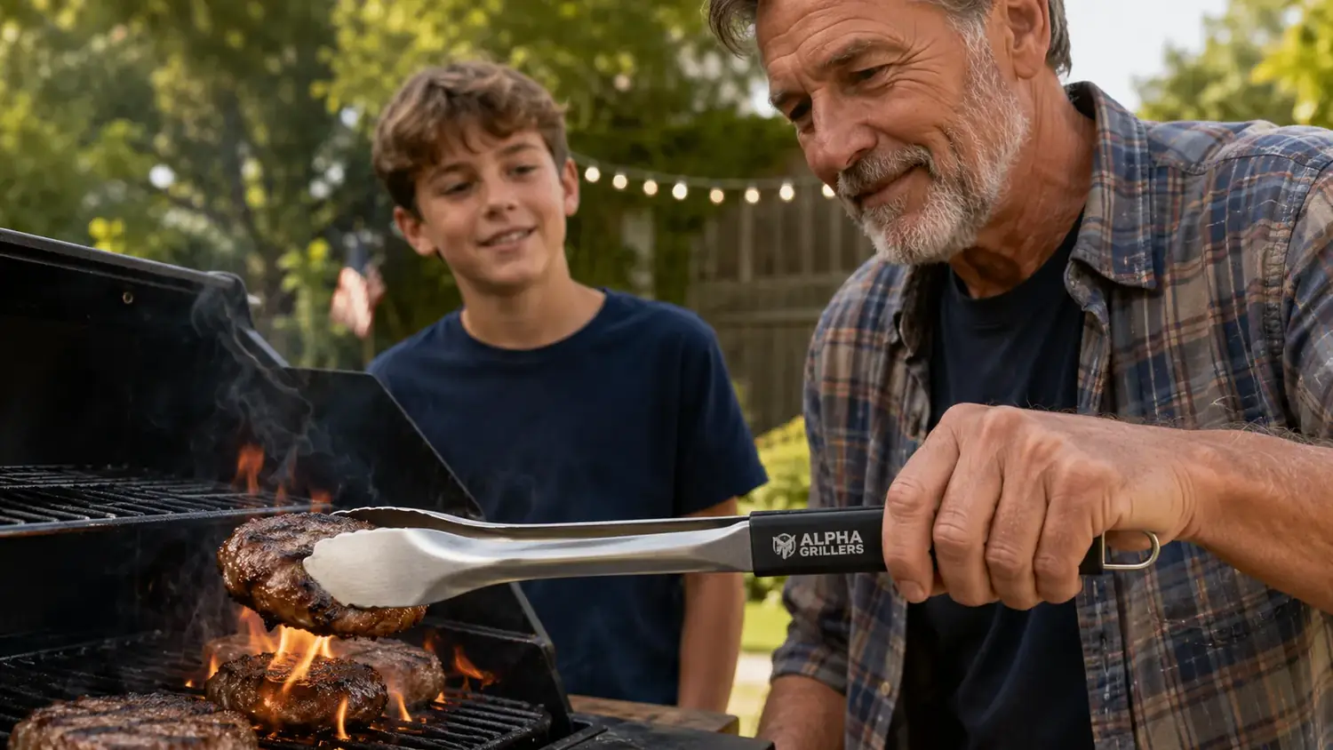 Hand using long stainless steel tongs to flip a burger patty on a hot grill grate