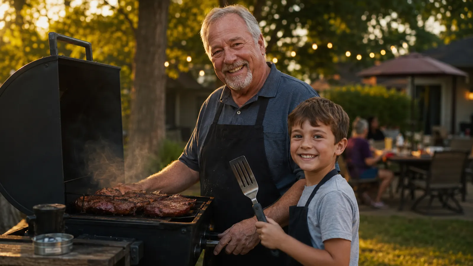A grandfather and grandson standing together at a smoking grill, the boy holding a spatula