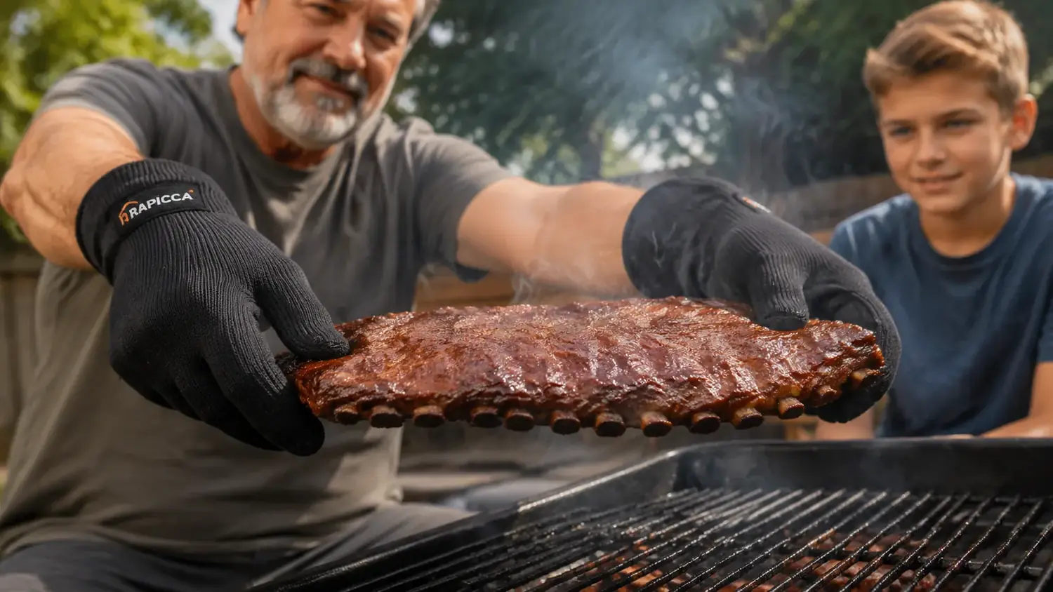 Gloved hands lifting a whole rack of ribs off a hot grill grate