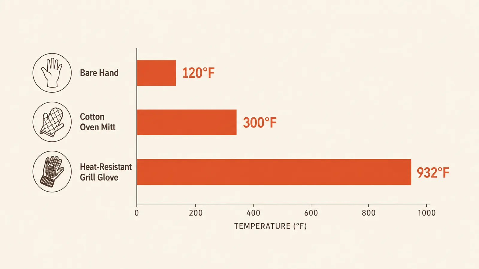 Chart comparing maximum safe handling temperature of bare hands, cotton oven mitts, and heat-resistant neoprene grill gloves
