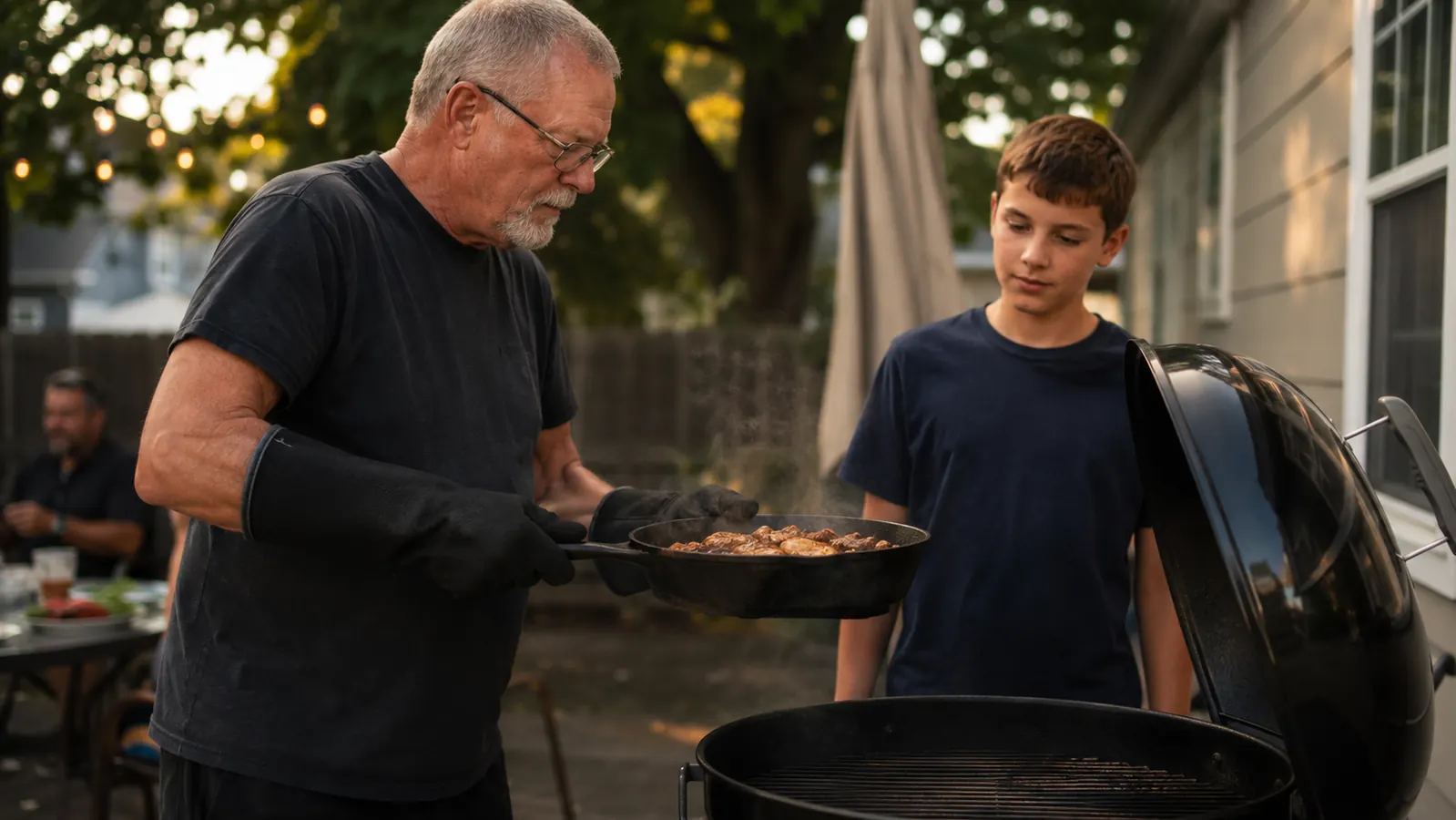 A man in his 60s wearing grill gloves lifting a hot cast iron skillet off a charcoal kettle grill while his grandson watches