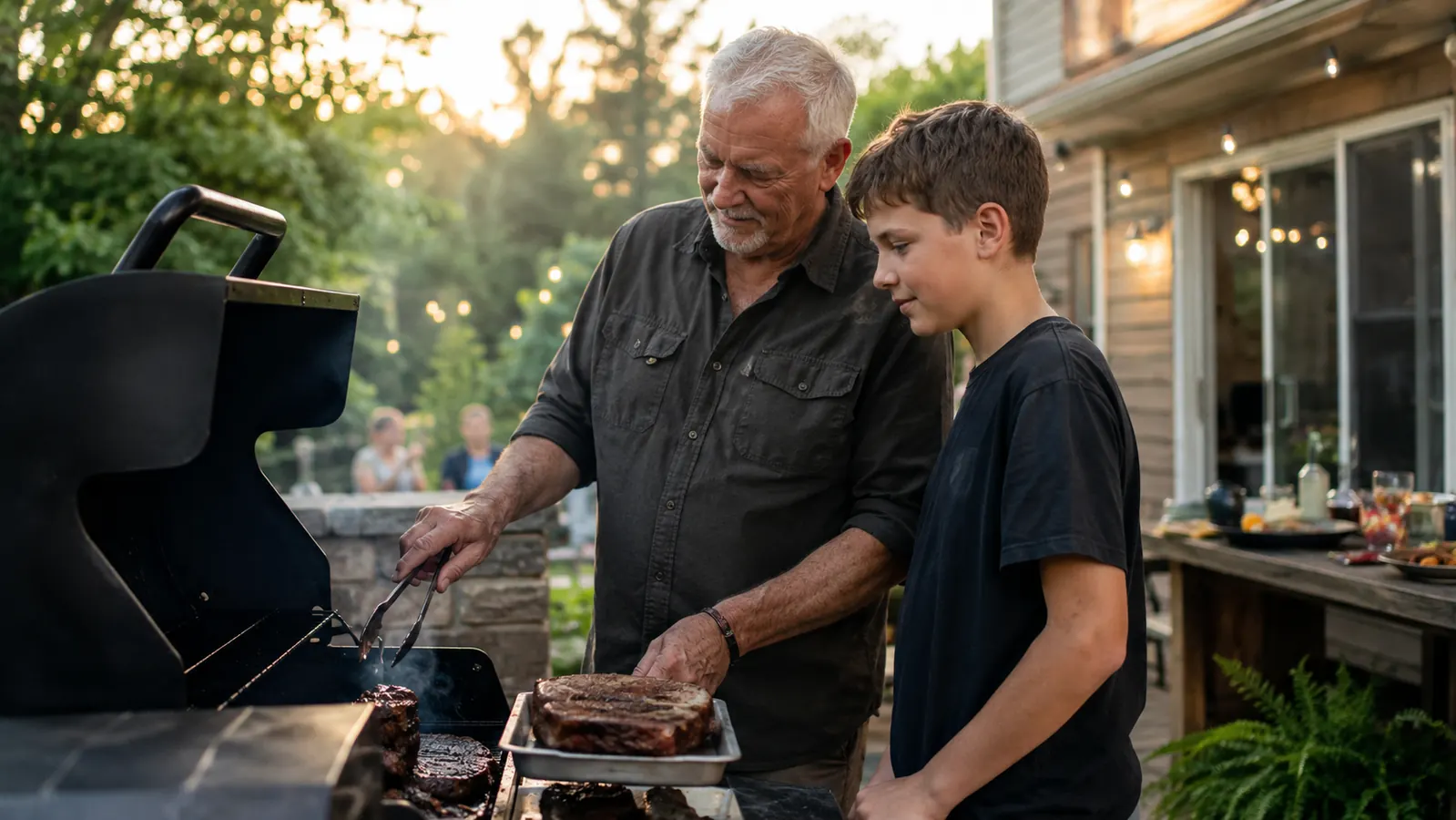 A man in his 60s and his young grandson standing together at a backyard pellet grill on a summer evening