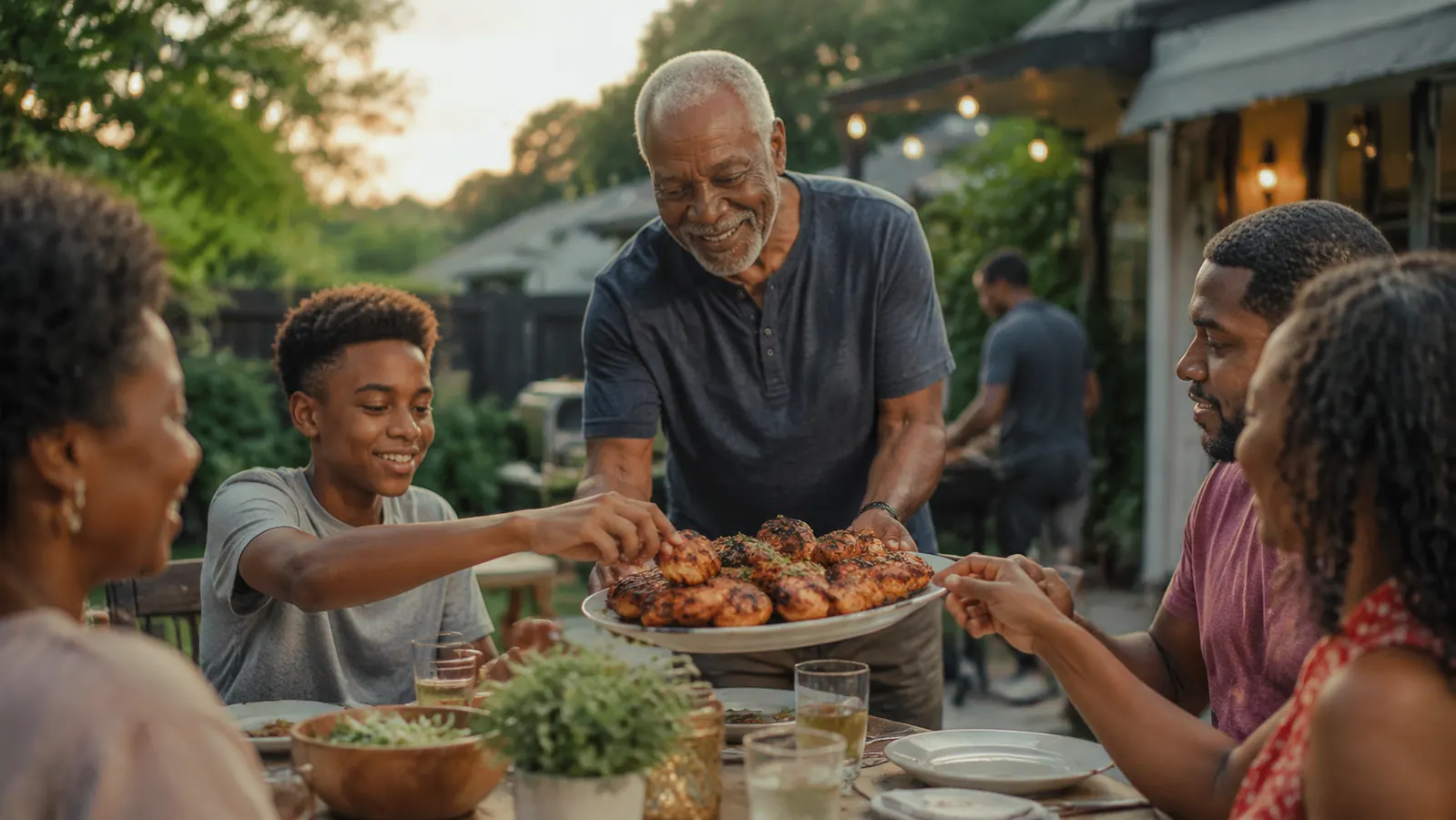 Family gathered around a backyard table with a grandfather serving grilled chicken to a young boy