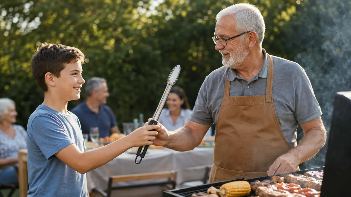 A twelve-year-old boy handing his grandfather a pair of tongs at the grill on Father's Day