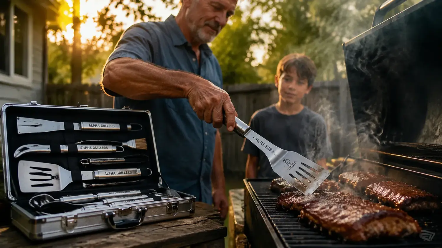 Hand using the Alpha Grillers stainless spatula to flip a rack of ribs on a pellet grill