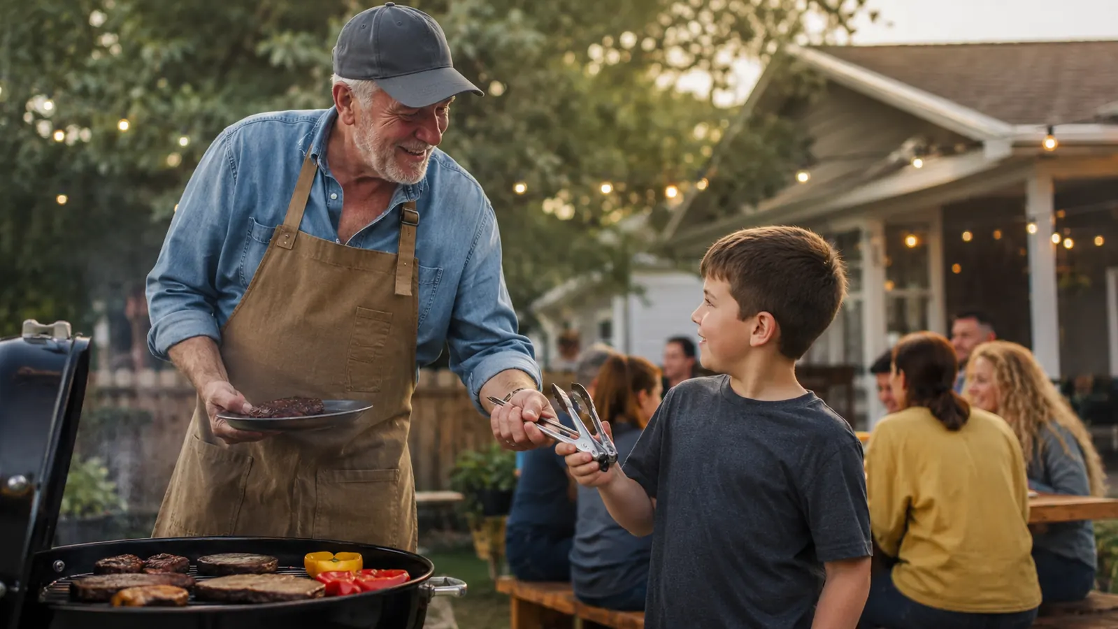 Older man in a ballcap handing grill tongs to a young boy at a backyard cookout