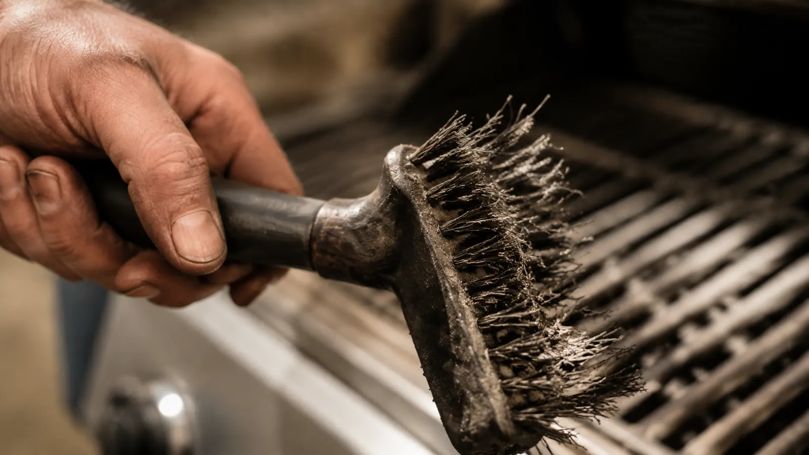 Close-up of a hand holding an old wire grill brush with a frayed, splayed bristle head