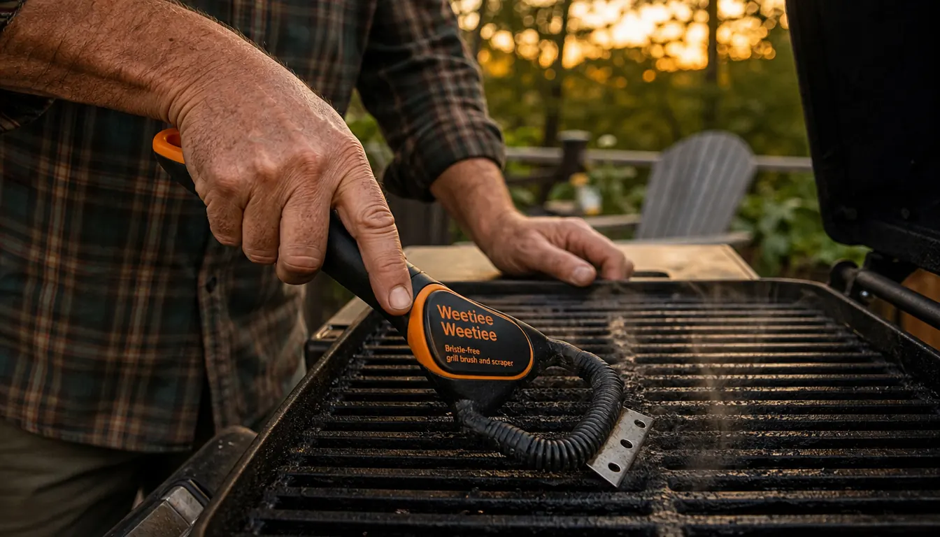Close-up of a hand scrubbing grill grates with a bristle-free stainless grill brush
