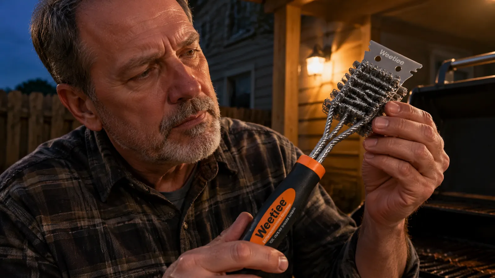 A man closely inspecting the metal head of a grill brush under porch light, checking for rust spots near the base
