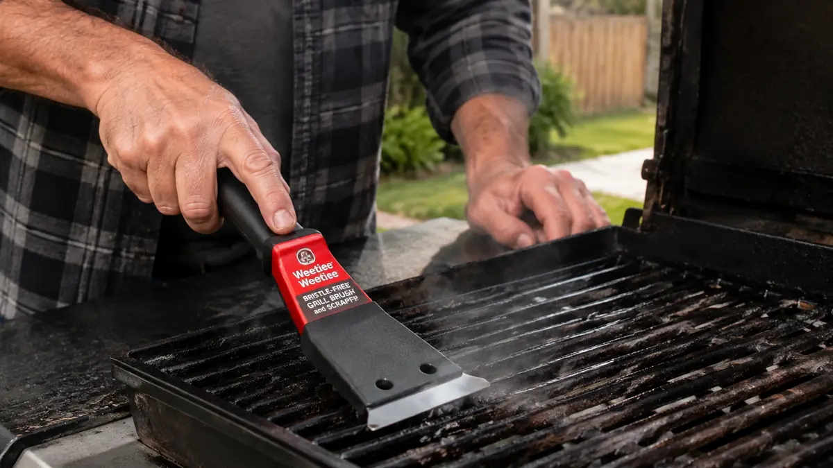 Close-up of a hand scrubbing grease and char off hot grill grates with a bristle-free brush
