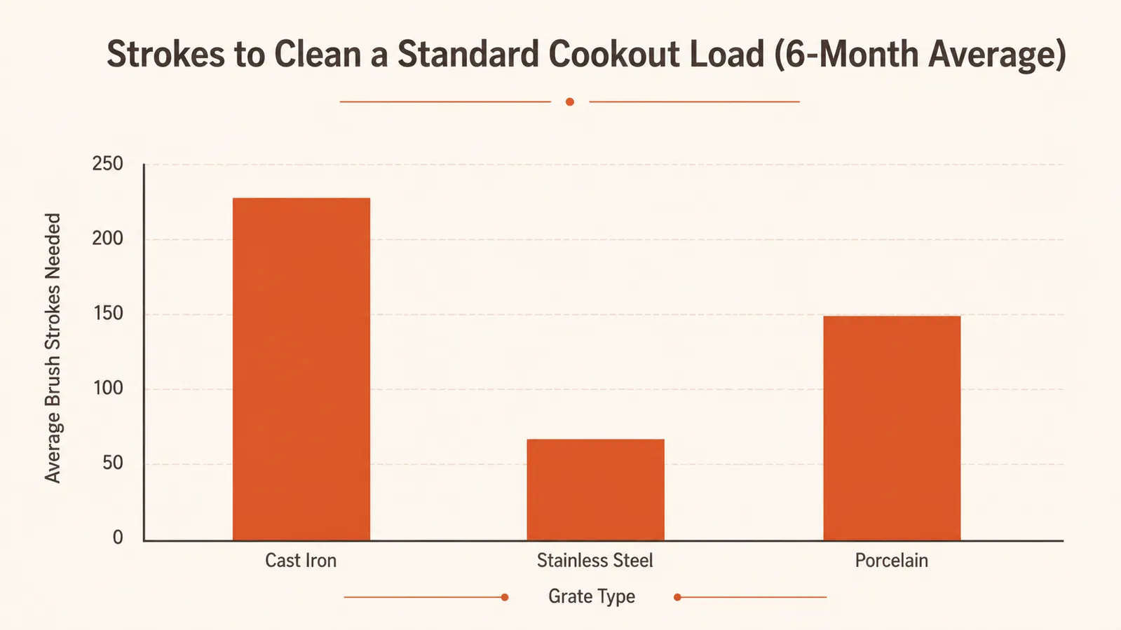 Bar chart comparing cleaning effort in strokes needed across cast iron, stainless, and porcelain grates over six months