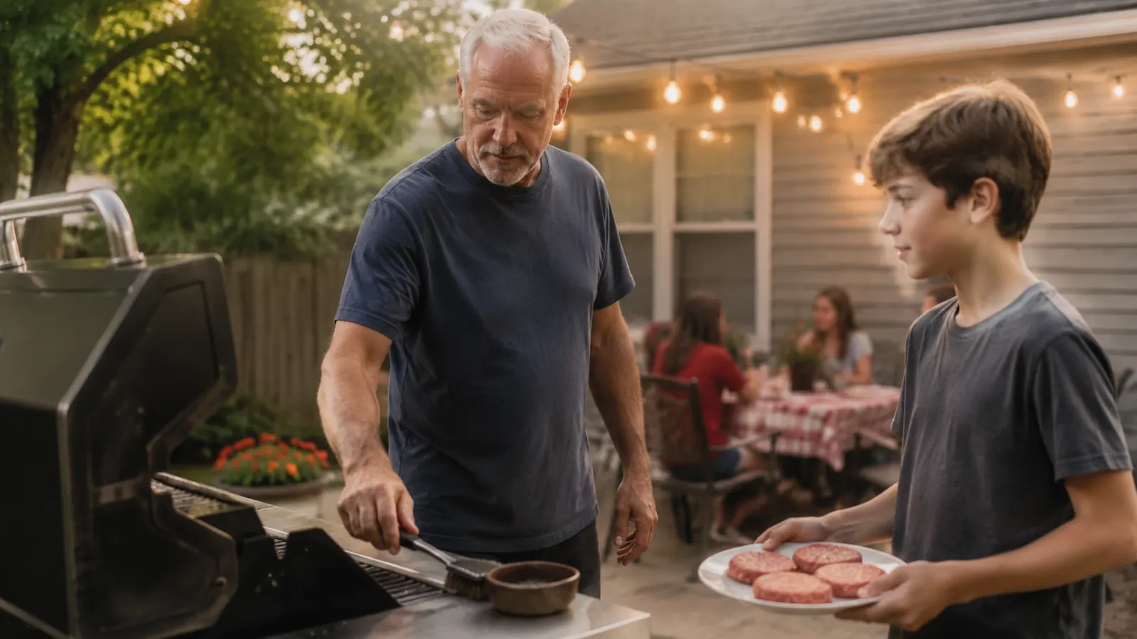 A man and his grandson standing at a grill together after cleaning the grates before a cookout