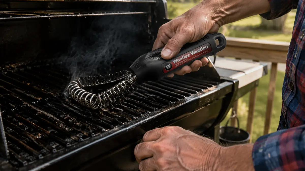 A man's hand scraping down hot grill grates with a stainless bristle-free grill brush