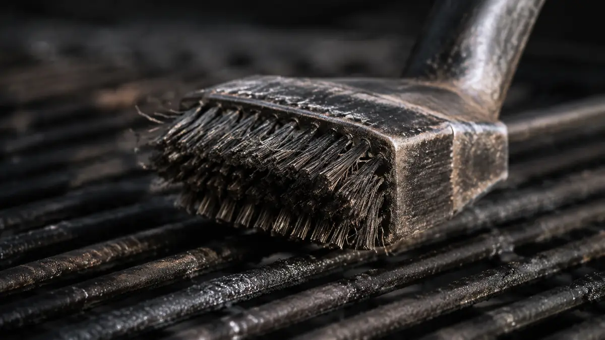 Close-up of worn wire bristles bent and separated from an old wire grill brush head