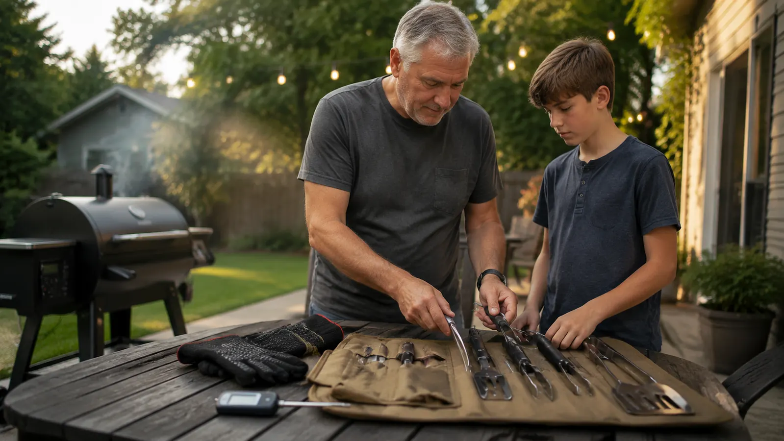 A man and his grandson organizing grilling tools into a canvas storage case on a patio table