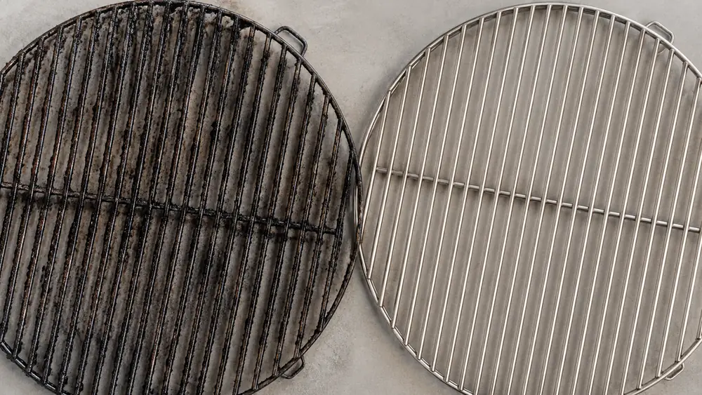 Split view of a grimy grill grate before cleaning next to a spotless grate after cleaning with a bristle-free brush