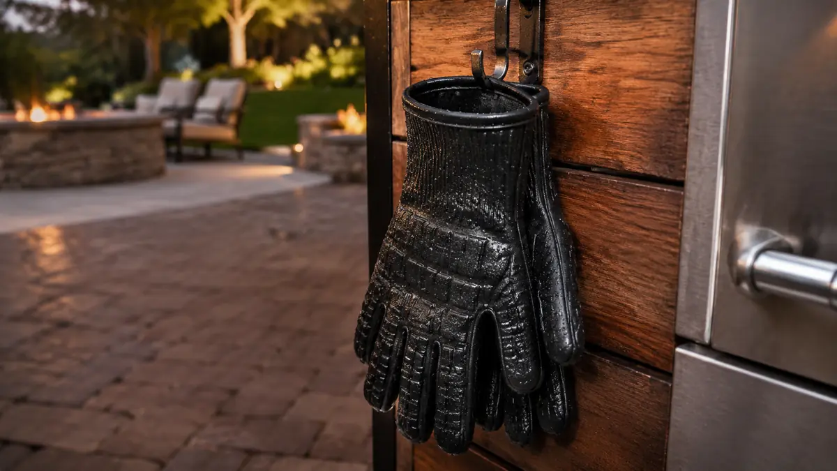 Grill gloves hanging to dry on a hook next to a grill after being rinsed clean