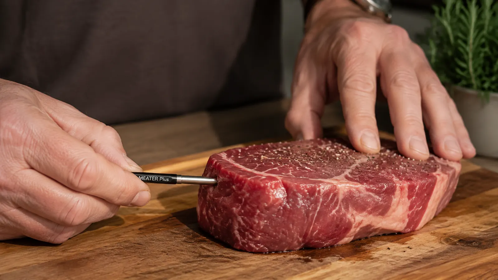Hand inserting a wireless thermometer probe into the thickest part of a raw steak before it goes on the grill