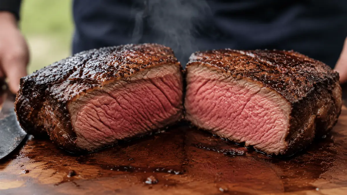 A rested steak sliced open showing an even edge-to-edge medium-rare center