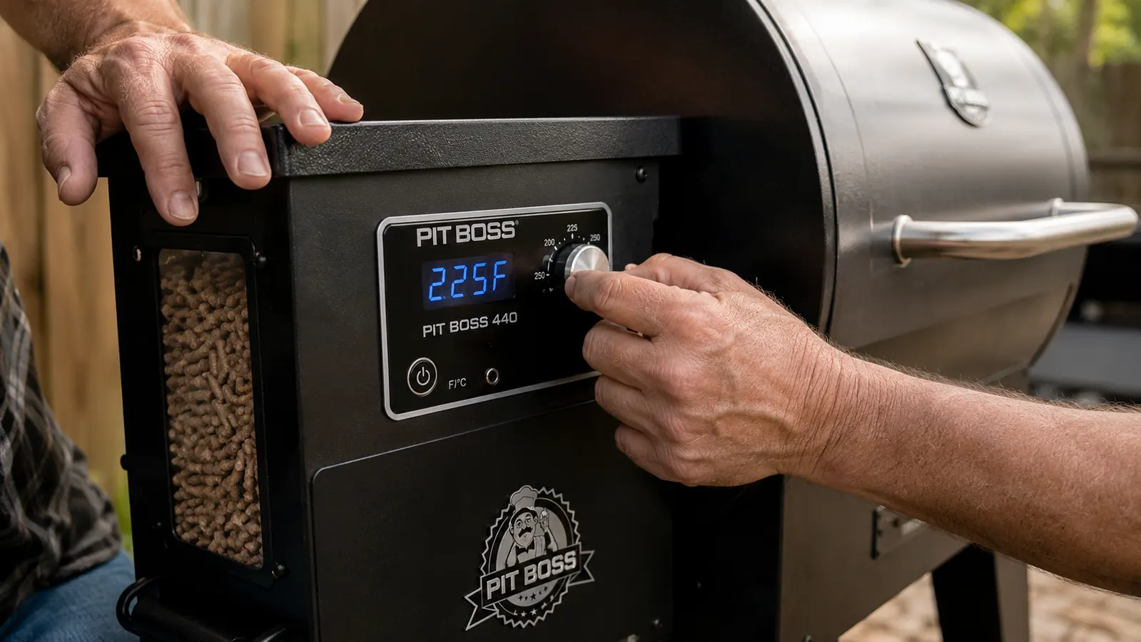 Pit Boss pellet grill digital controller showing a steady 225 degree set temperature with a hopper of wood pellets beside it