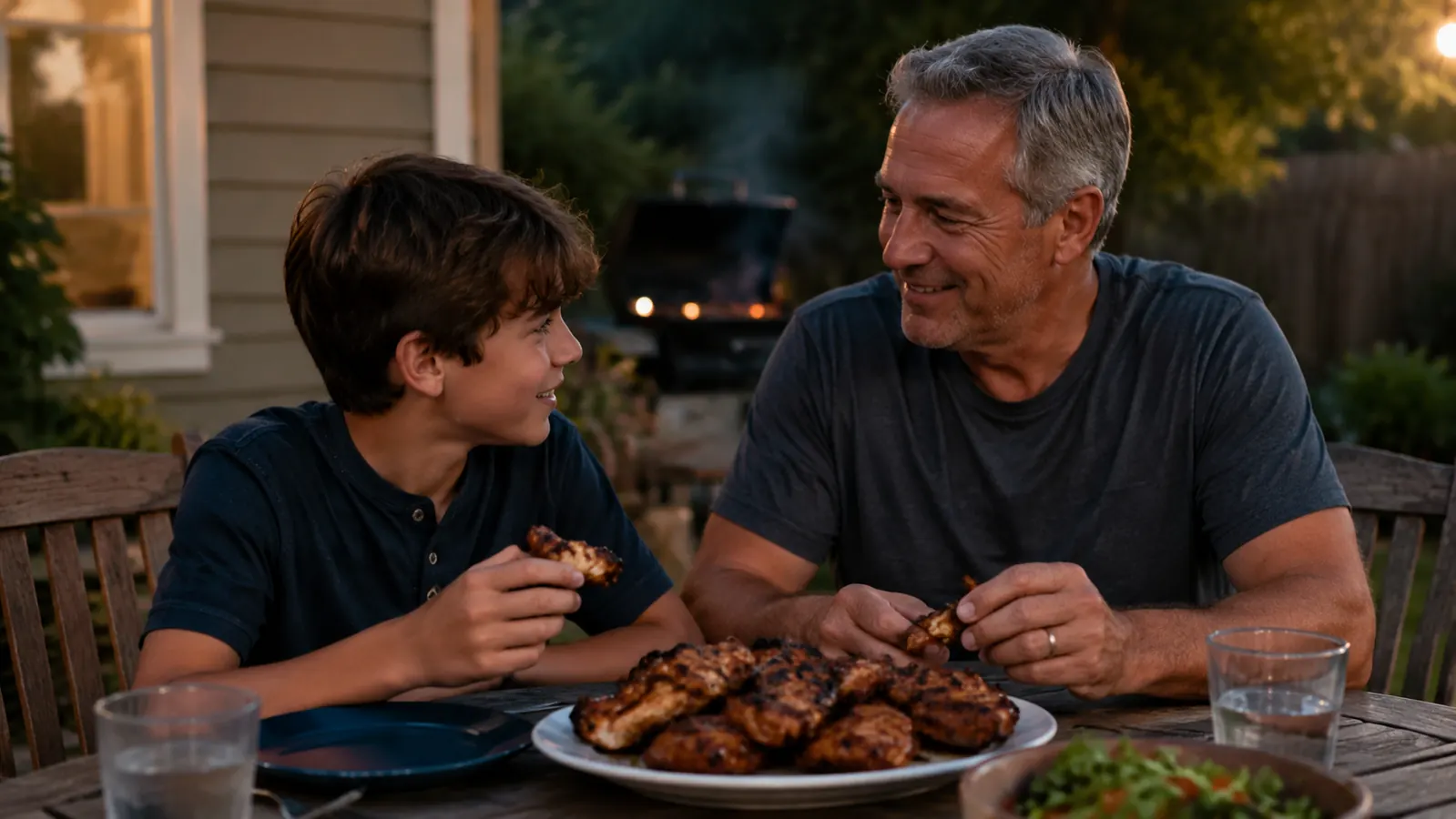 A grandfather and young grandson sitting at an outdoor patio table eating grilled chicken together