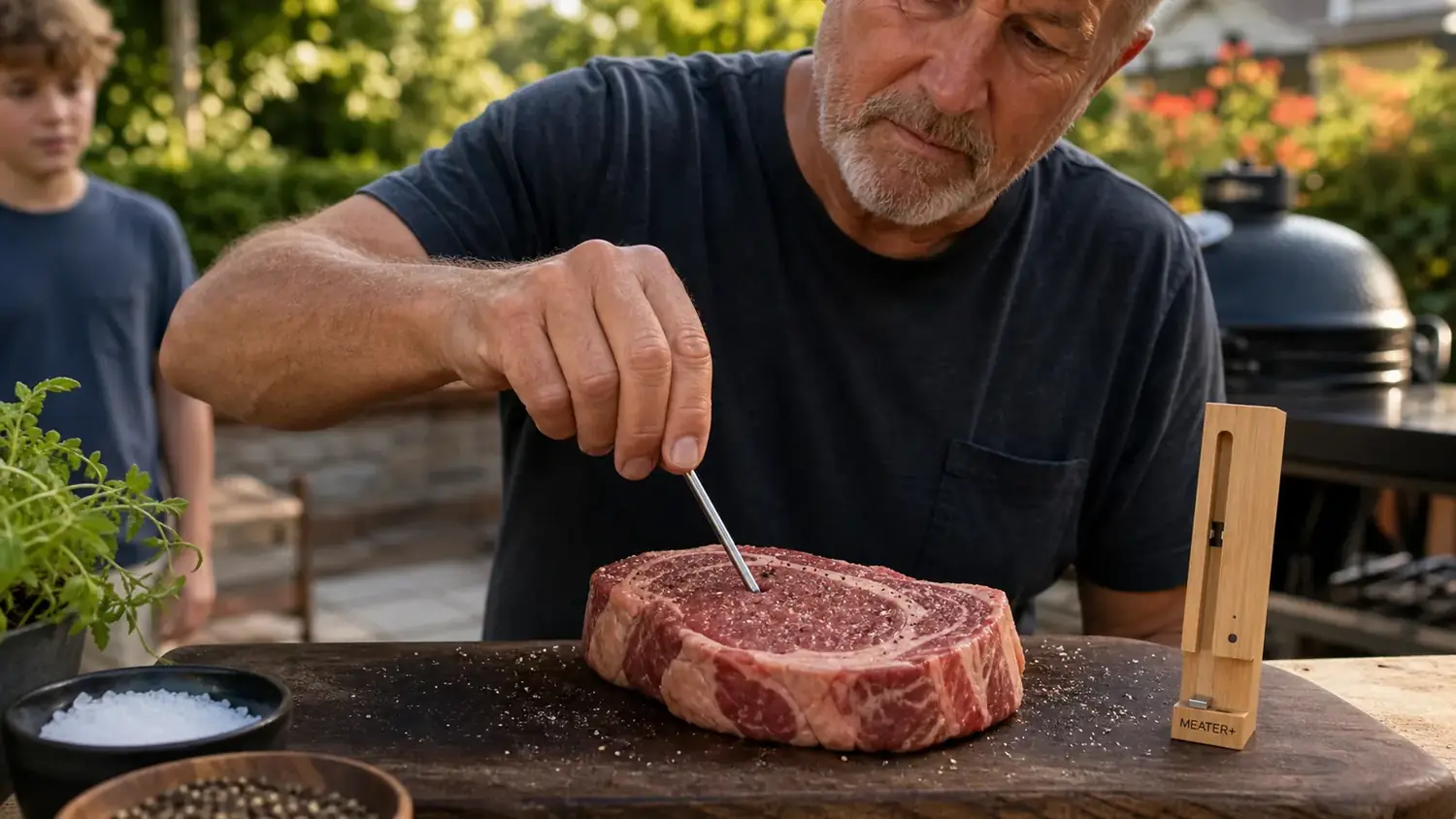 Close-up of a hand inserting a wireless thermometer probe into a raw steak before grilling
