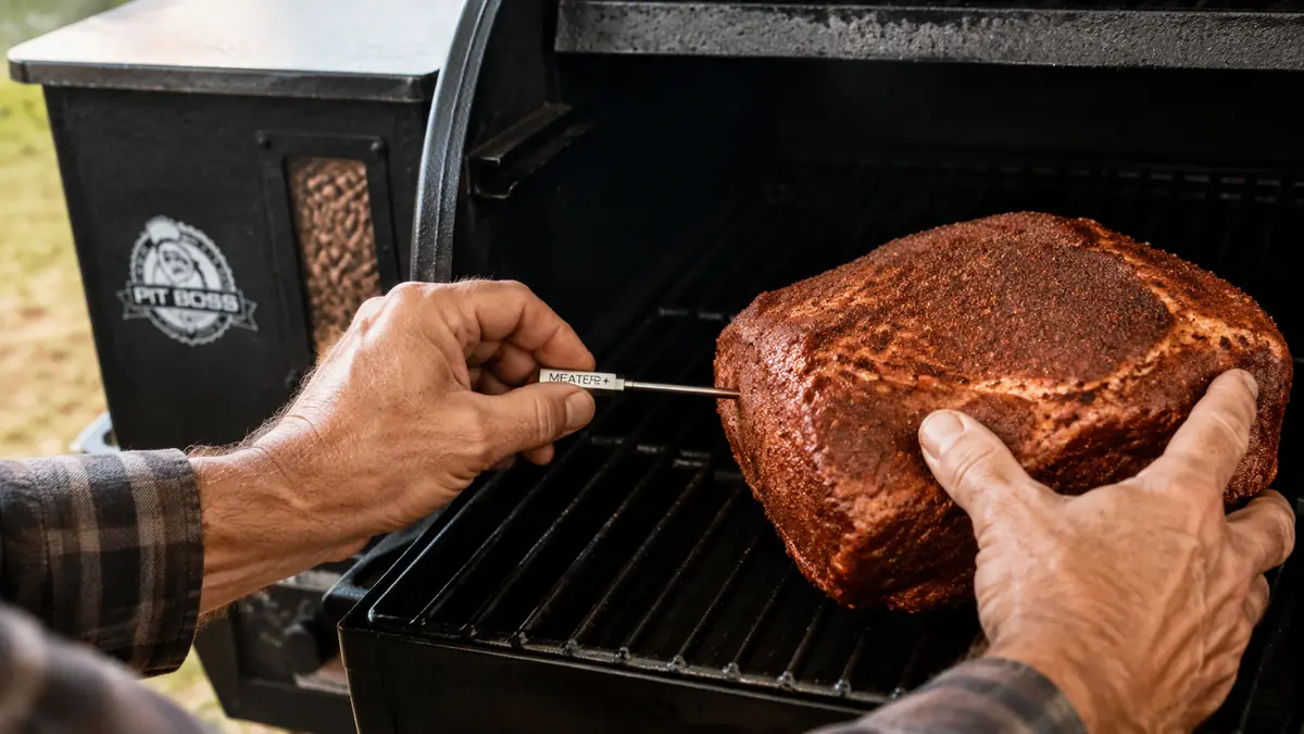 Hand inserting the MEATER Plus wireless probe into a thick pork shoulder on a pellet grill grate