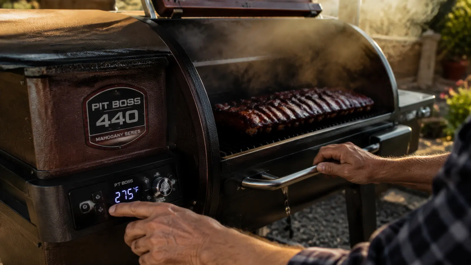 Close-up of a hand checking the digital controller on the Pit Boss 440 while ribs cook on the grate