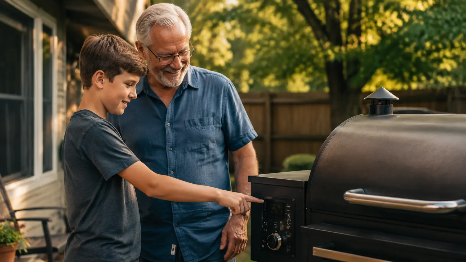 A twelve-year-old boy standing at the pellet grill checking the temperature readout while his grandfather looks on