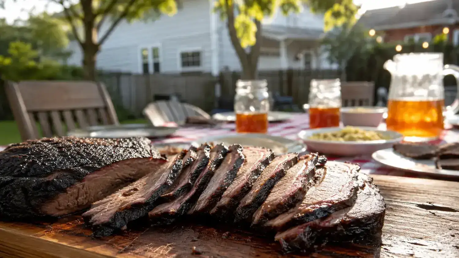 A smoked brisket resting on a cutting board next to a Sunday dinner table set for a family meal