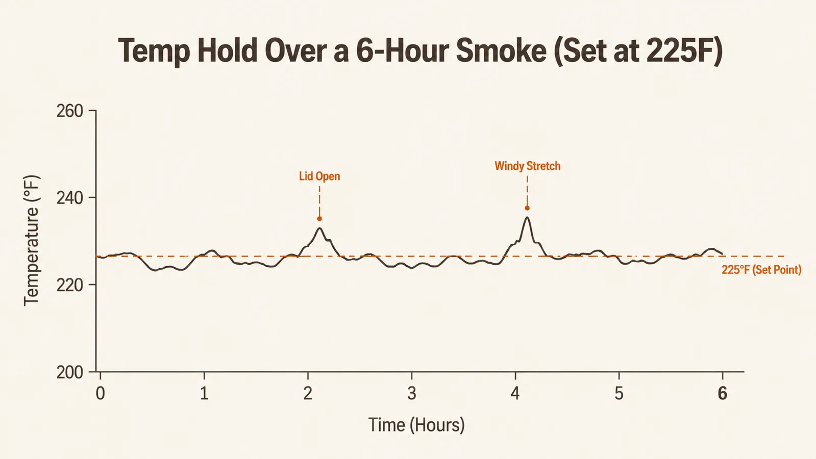 Line chart showing grill temperature swing over a six hour smoke on a pellet grill