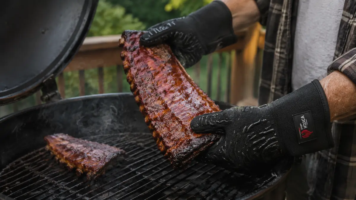 Hand wearing heat-resistant neoprene grill gloves lifting a rack of ribs off a grill grate