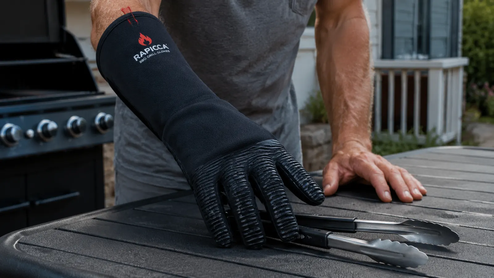 A man's hand in a black grill glove struggling slightly to grip a small pair of tongs, showing the bulk of the glove