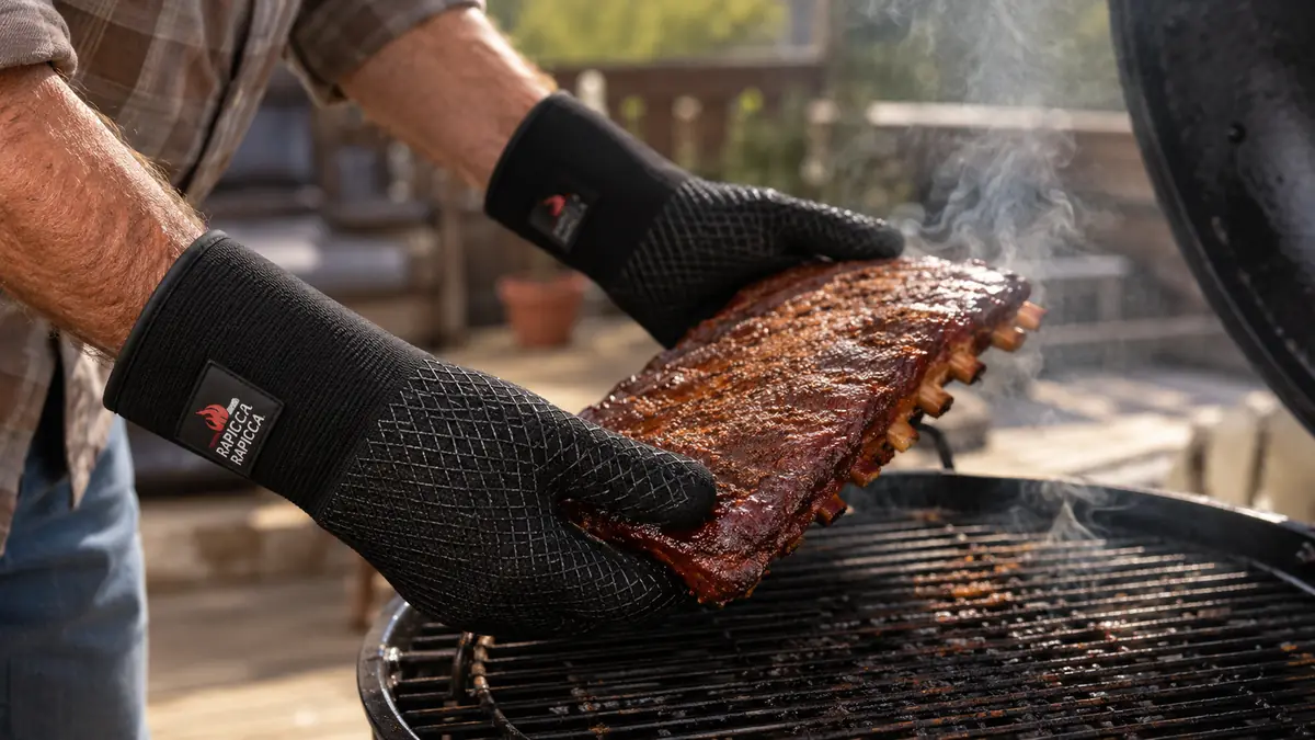 A man's hands wearing long black grill gloves pulling a rack of ribs off a pellet grill