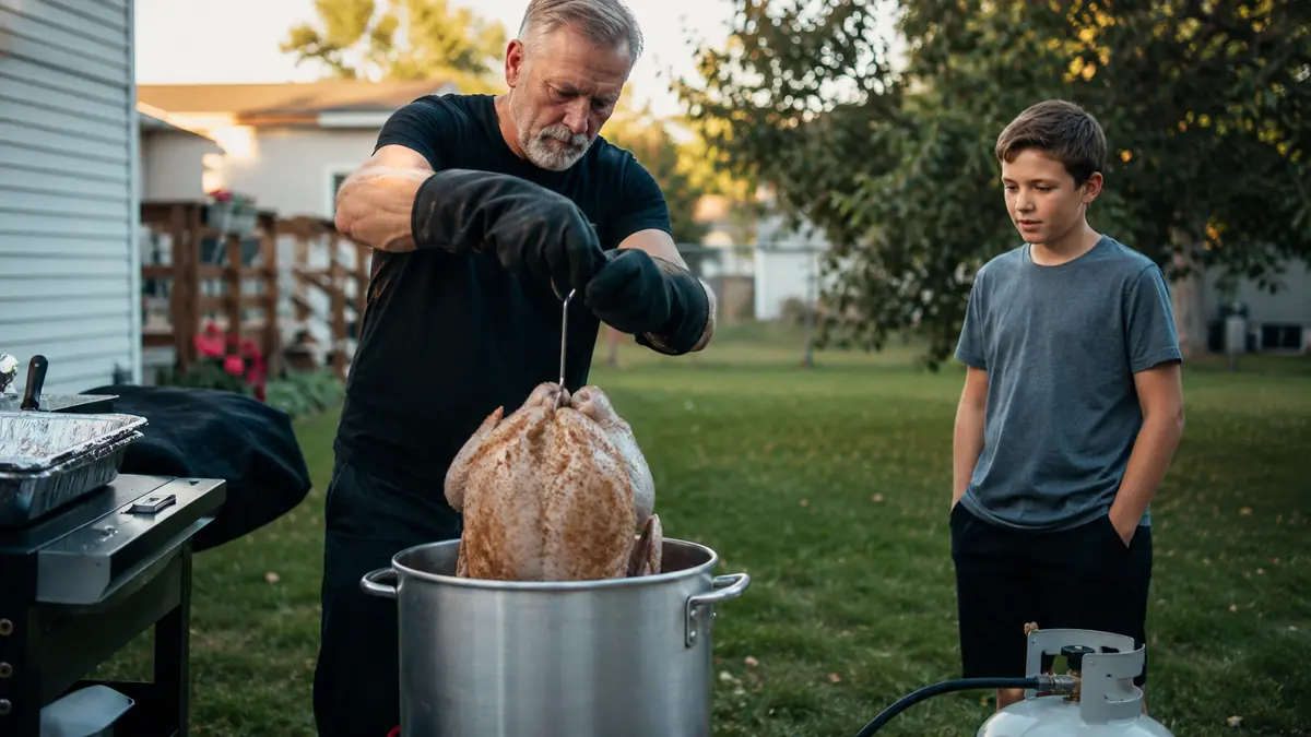 A man and his grandson standing near a turkey fryer on a patio with a gloved hand lowering the bird into hot oil