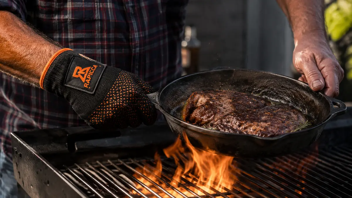 Close-up of a gloved hand gripping a cast iron skillet straight off hot grill grates