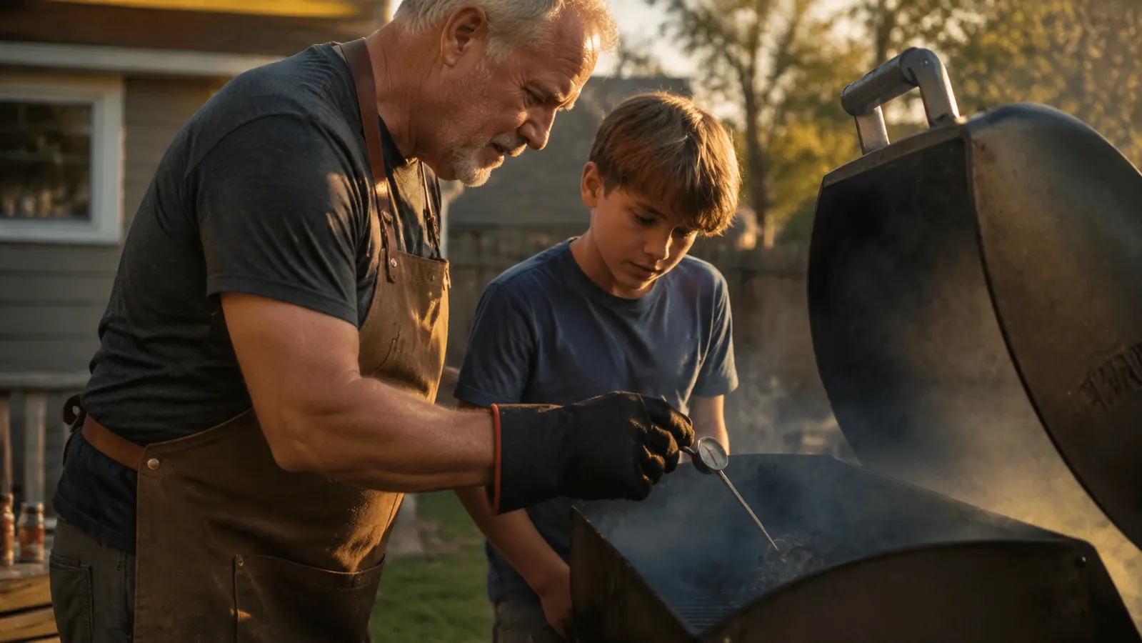 A grandfather and grandson standing at a smoker together, the grandfather wearing heat-resistant grill gloves